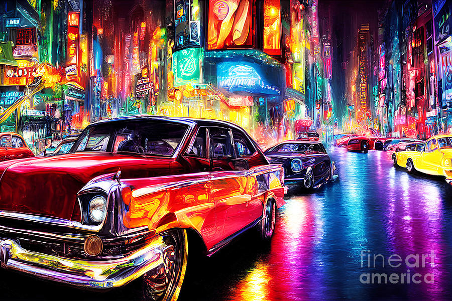 Big City Night Cruising In Classic Cars 20221023g Mixed Media by Wingsdomain Art and Photography