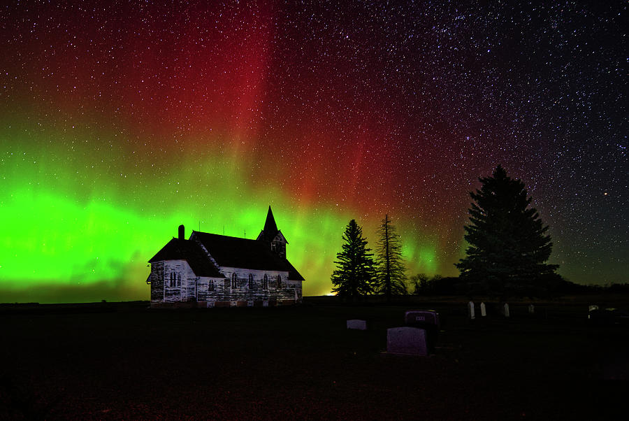Big Coulee Lutheran Church with Aurora Borealis #2 of 2 Photograph by Peter Herman