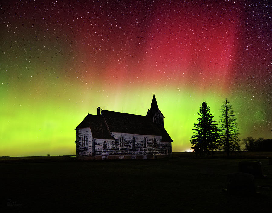 Big Coulee Lutheran Church with Aurora Borealis #1 of 2 Photograph by Peter Herman