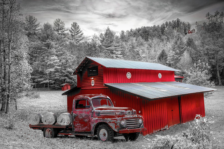 Big Ford Truck at the Big Red Barn Black and White Photograph by Debra and Dave Vanderlaan