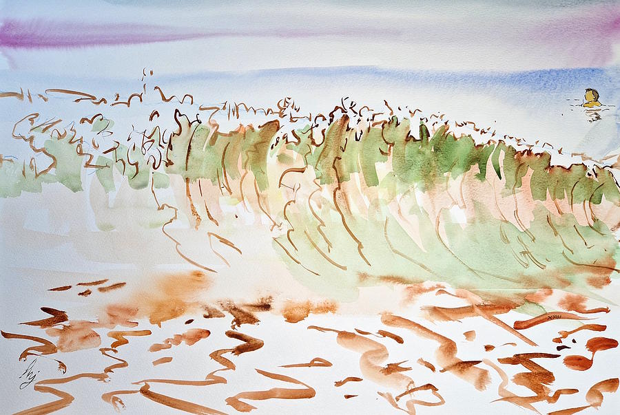 Big green wave and sea swimmer watercolor painting Painting by Mike Jory