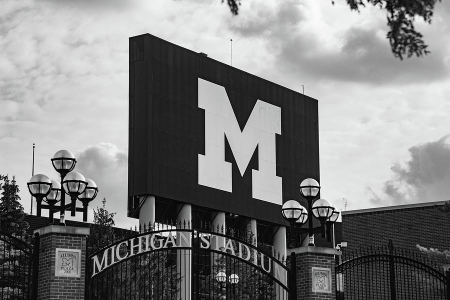 Big M at Michigan Stadium in black and white Photograph by Eldon McGraw