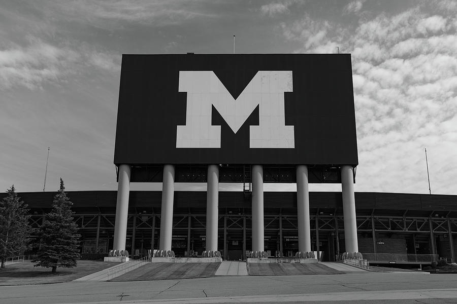 Big M sign at Michigan Stadium in black and white Photograph by Eldon McGraw