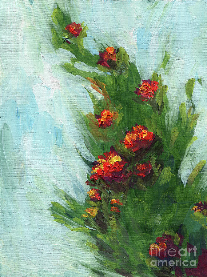 Big red flowers on green bush Painting by Maria Dmitrieva - Fine Art ...