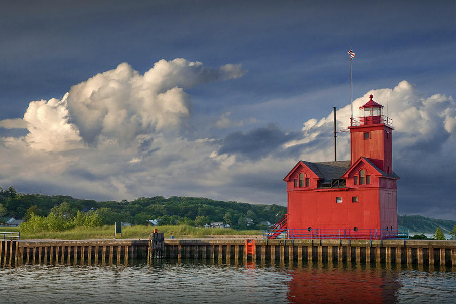 Big Red Lighthouse at Sunrise with Large Puffy Clouds at Ottawa  Photograph by Randall Nyhof