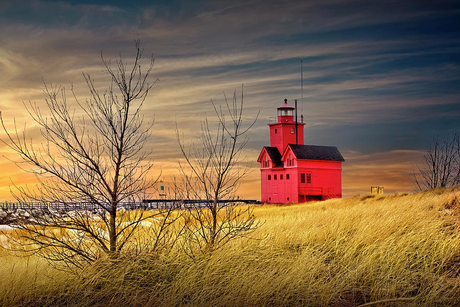 Big Red Lighthouse at Sunset in Autumn at Ottawa Beach Photograph by Randall Nyhof