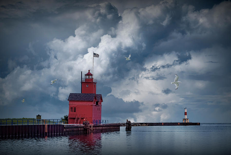 Big Red Lighthouse with Large Cloudy Sky and Flying Gulls at Ott Photograph by Randall Nyhof