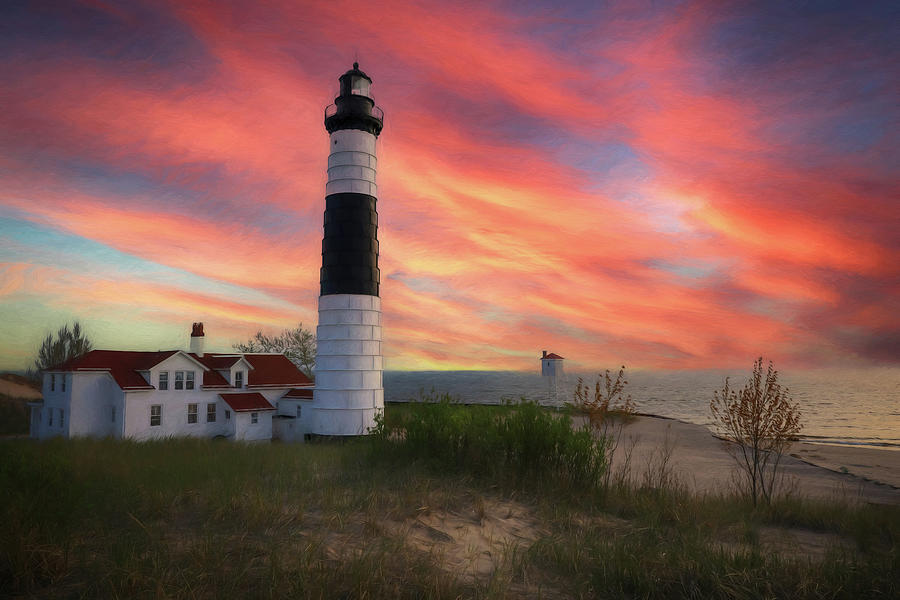 Big Sable Michigan Lighthouse Sunset Painting by Dan Sproul