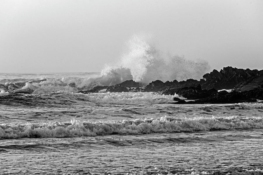 Big Splash on Goochs Beach Kennebunk Maine Sunrise Black and White Photograph by Toby McGuire
