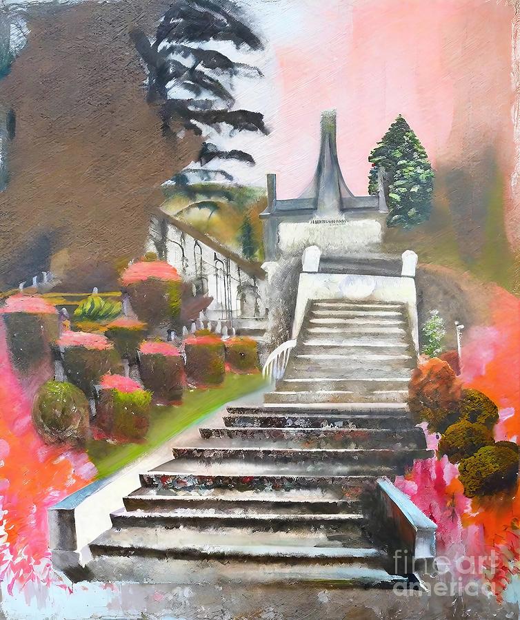 Architecture Painting - Big Stairs vignete Kalemegdan Beograd 60x50cm 2021 Painting park kalemegdan beograd saborna crkva velikio stepeniste alley ancient arches architecture beautiful branches building bushes city door by N Akkash