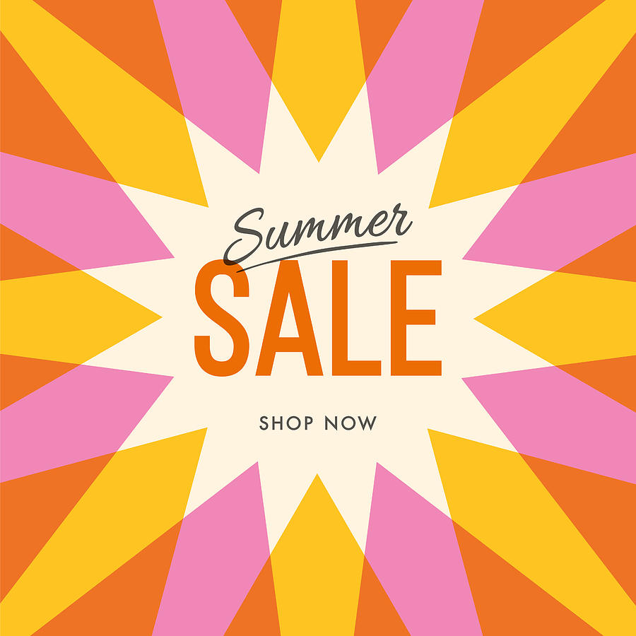 Big summer sale banner with sun. Sun with rays. Summer template poster design for print or web. Drawing by Discan