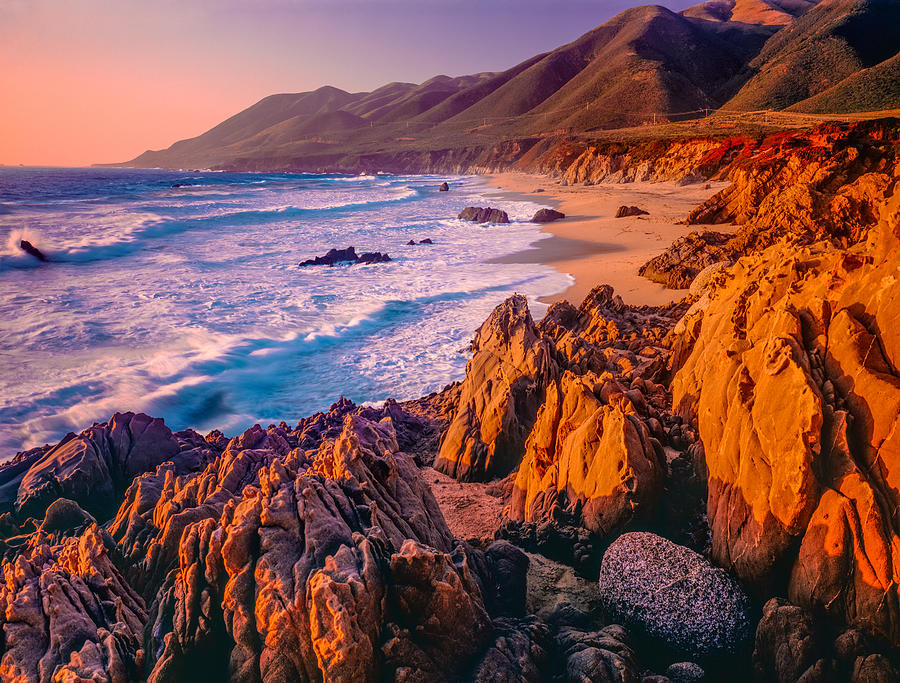 Big Sur sunset seascape of California coastline,rocky,beach (P) Photograph by Ron and Patty Thomas