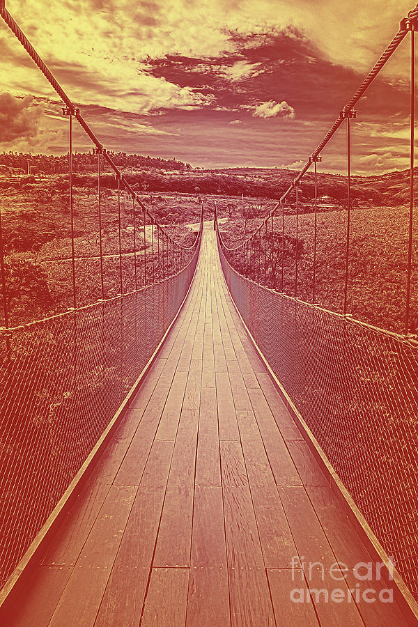 Vintage Digital Art - Big suspended wooden bridge. Wooden bridge with vintage burned warm tones. by Vinicius Bacarin