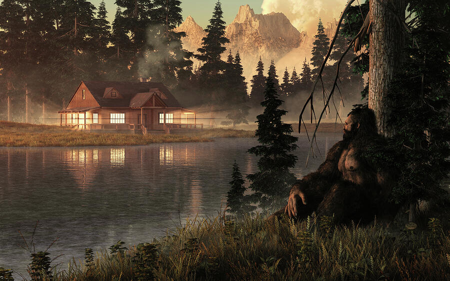 Nature Digital Art - Bigfoot and the Lake Cabin by Daniel Eskridge