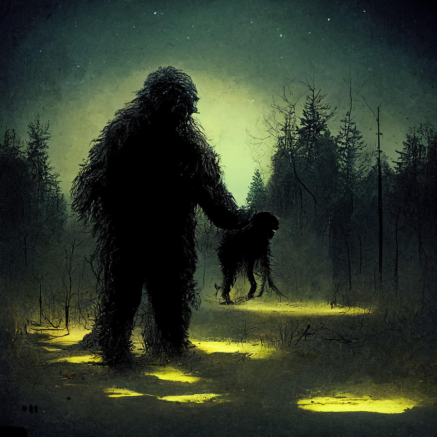 Bigfoot  clutching  a  dead  dog  in  its  hands  night  time  for  568e0331  e4c1  44ad  a71b  475e Painting by MotionAge Designs
