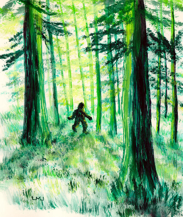 Bigfoot in a Green Forest Sunrise Painting by Laura Iverson
