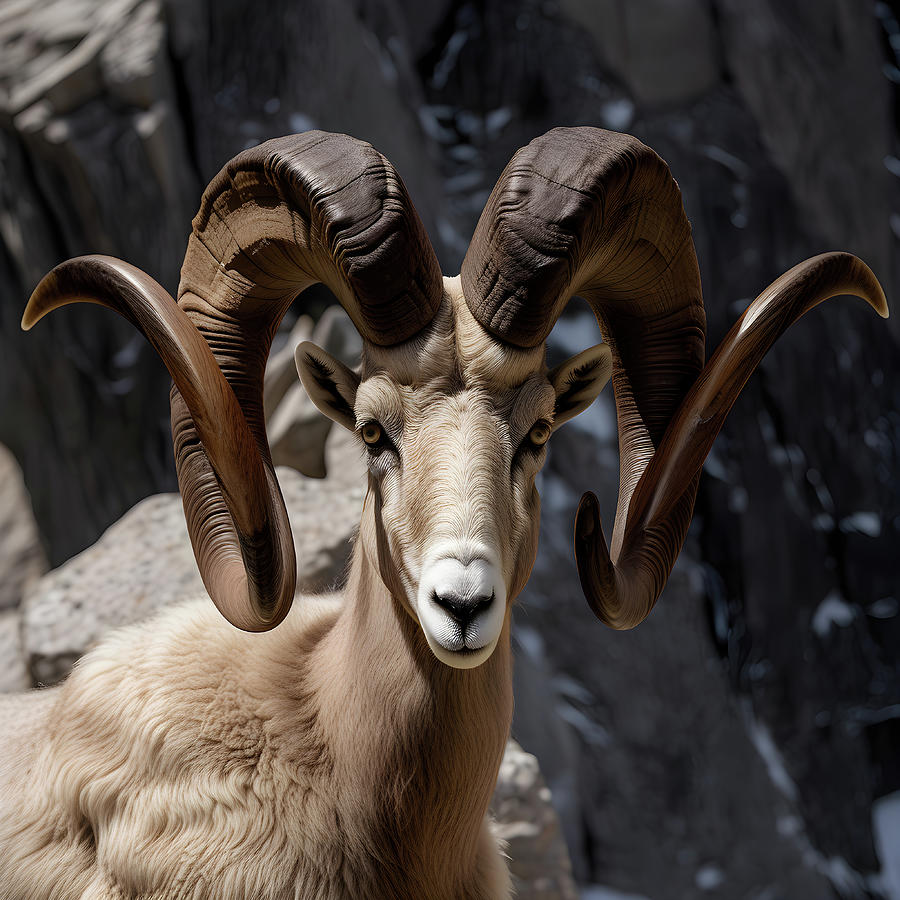 Bighorn sheep shown in a close-up portrait. Digital Art by Ray Shrewsberry