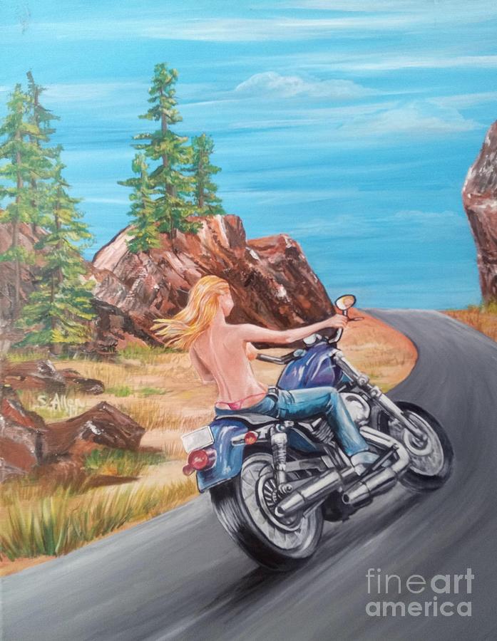 Biker Girl Riding Motorcycle Sturgis Rally Painting by Sonya Allen