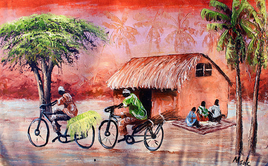 Bikes in a Village Painting by Steven Kiswanta