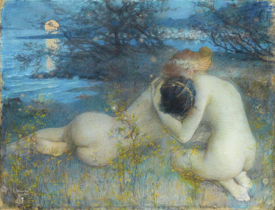 Bilitis, Sapphic lovers on the island of Lesbos, two nudes Painting by Lucien-Levy Dhurmer