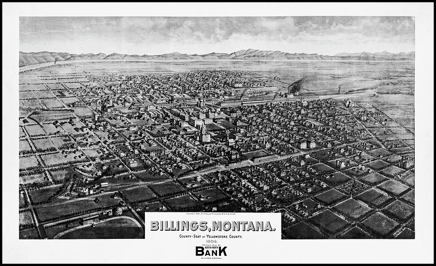 Billings Montana Antique Map Birds Eye View 1904 Black and White Photograph by Carol Japp