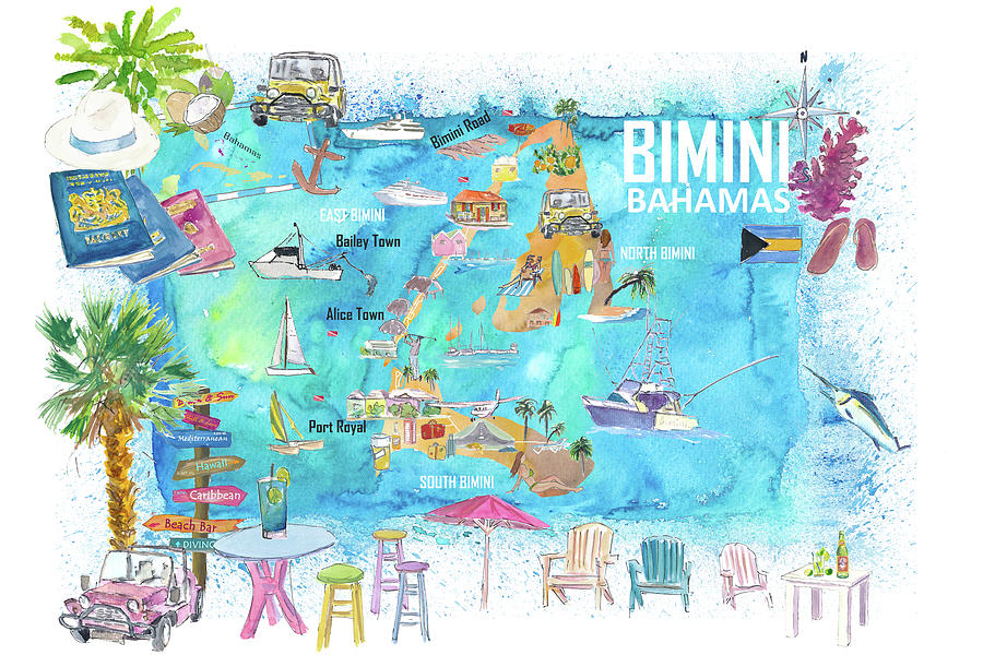 Bimini Bahamas Illustrated Map With Island Tourist Highlights Painting   Bimini Bahamas Illustrated Map With Island Tourist Highlights M Bleichner 