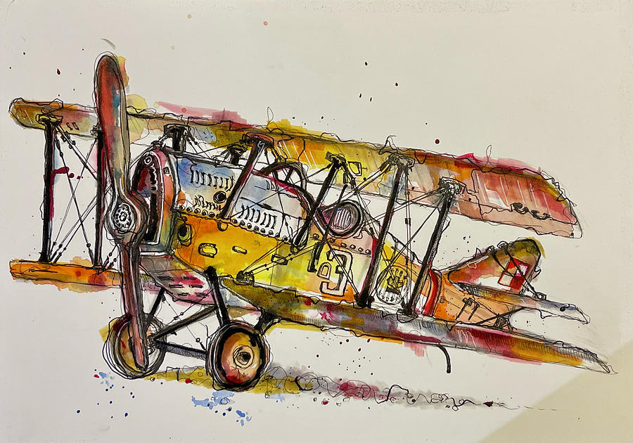 Biplane Yellow Painting by Rina Bhabra