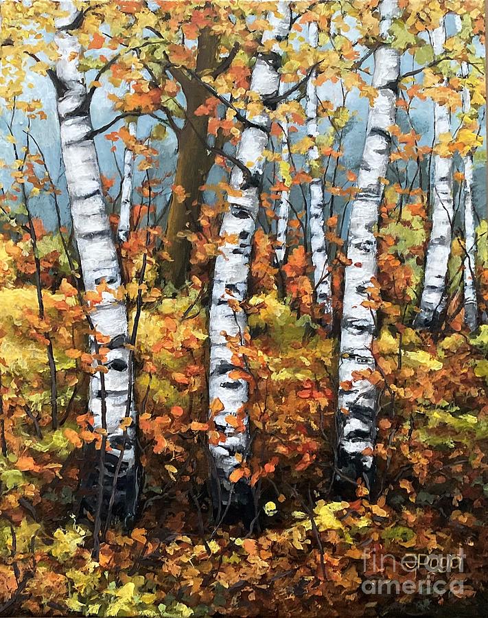 Birch forest, autumn colors Painting by Inese Poga