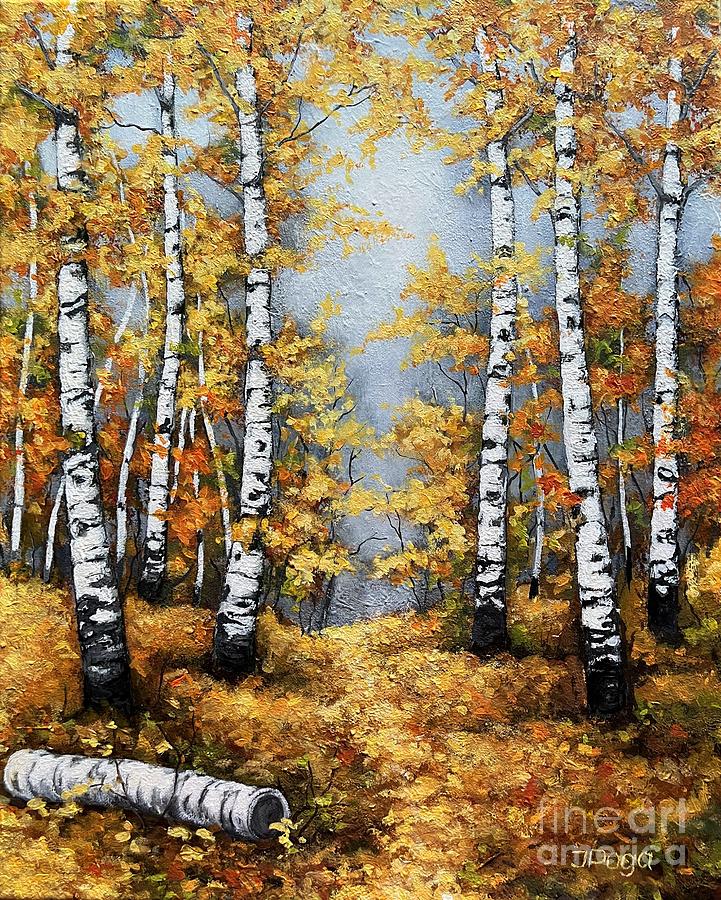 Birch forest path, autumn Painting by Inese Poga