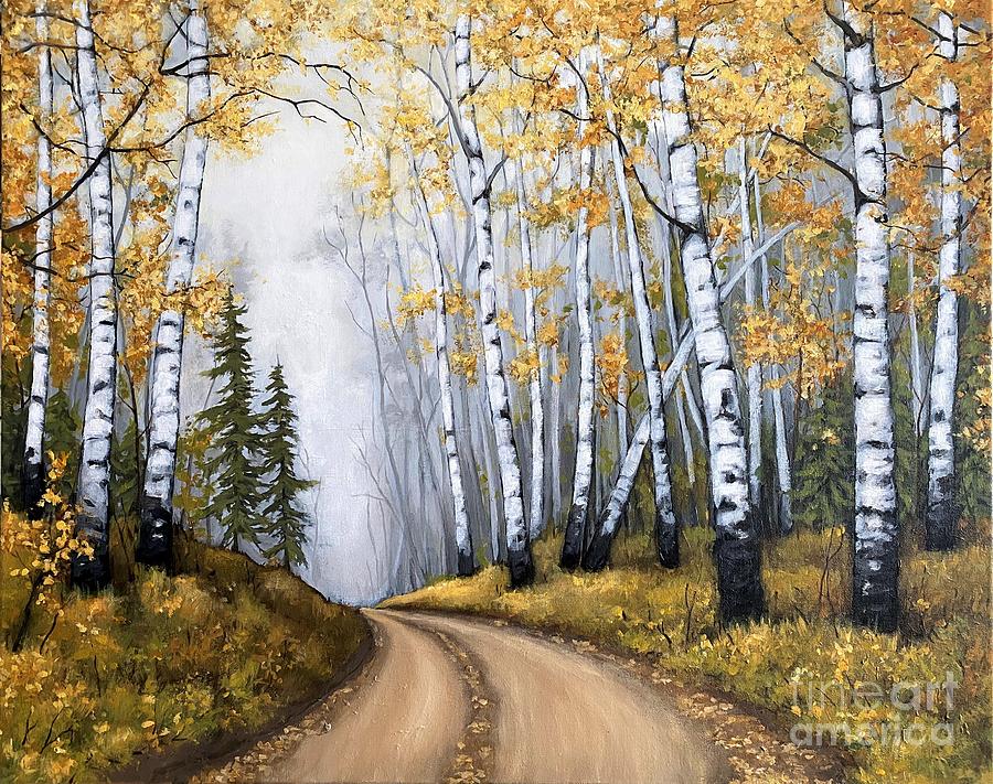 Birch forest road Painting by Inese Poga