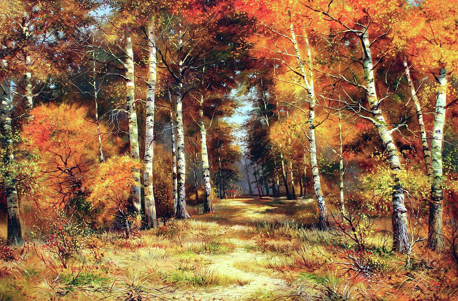 Fall Painting - Birch Grove in Autumn by Serhiy Kapran
