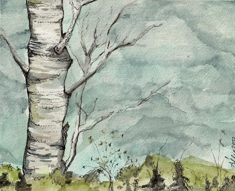 Birch on a Hill Stormy Day Painting by Allie Lily