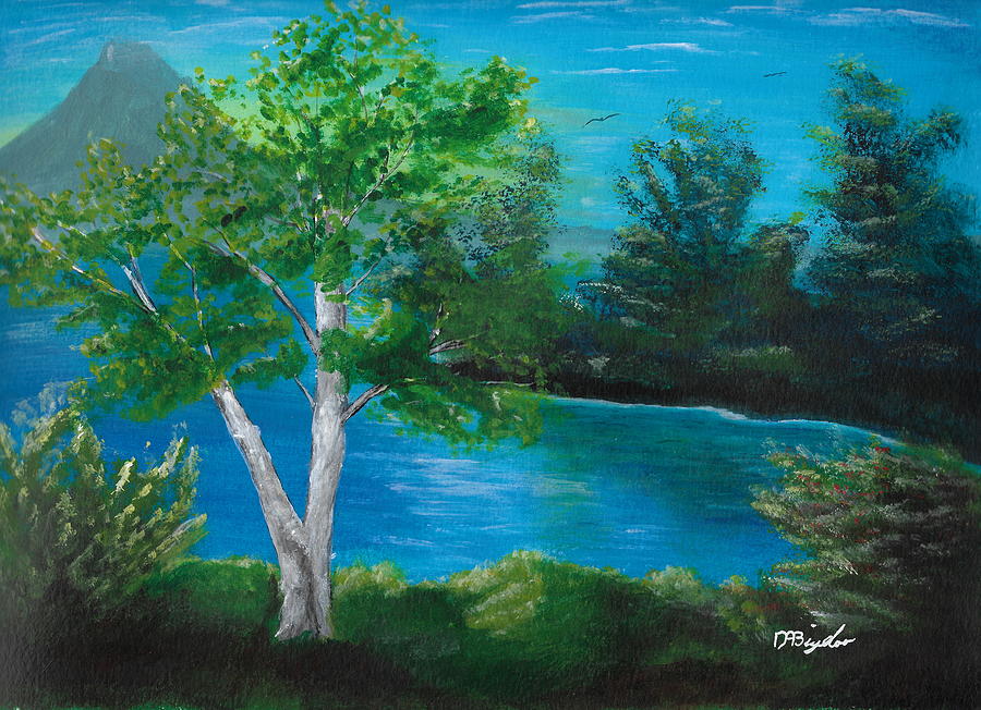 Birch on lake Painting by David Bigelow
