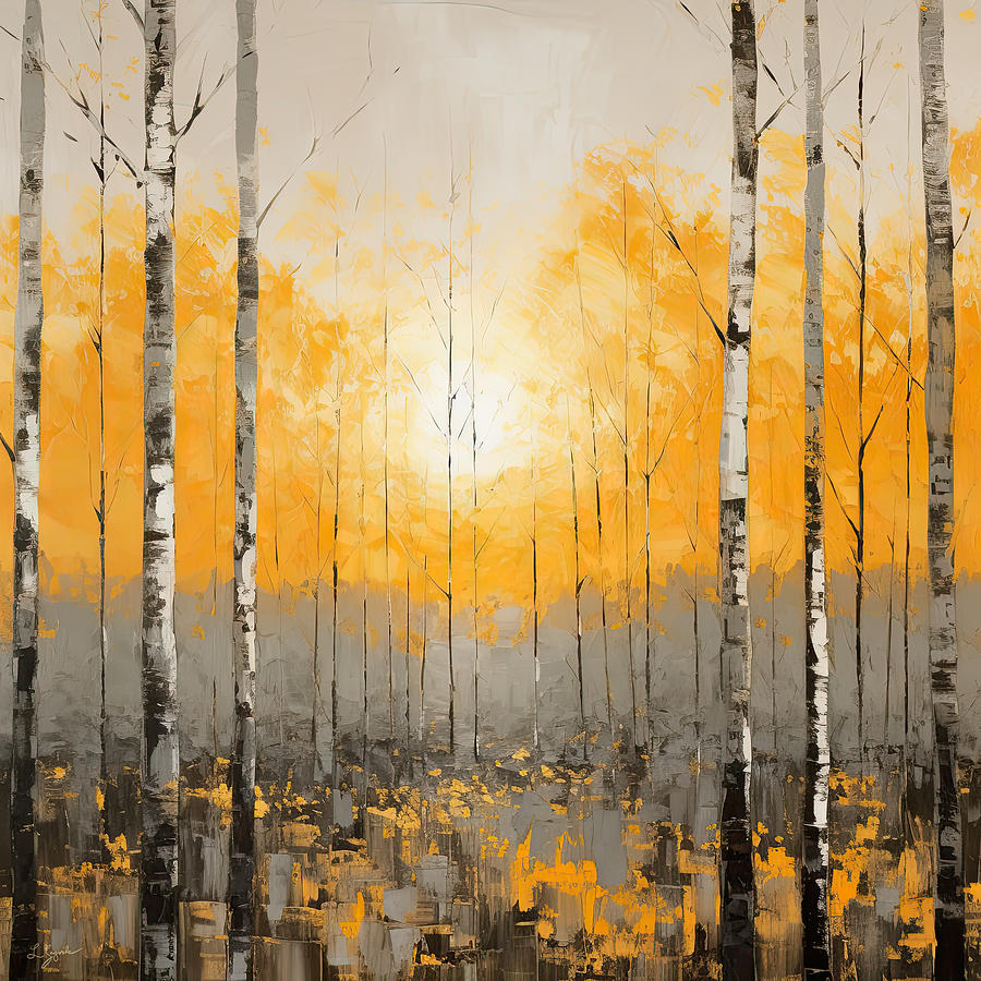 Birch Sunset - Birch Trees Artr Painting by Lourry Legarde