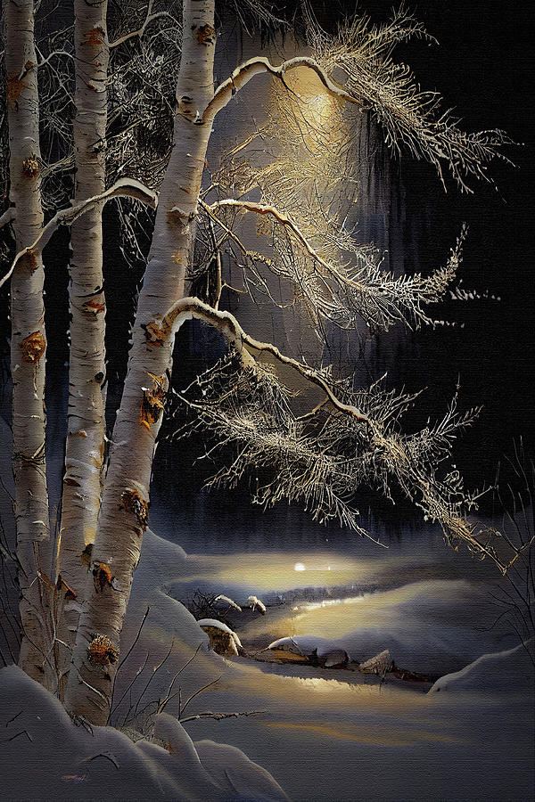Rime-iced Birch Tree in Winter Landscape Painting by OLena Art by Lena Owens - Vibrant DESIGN