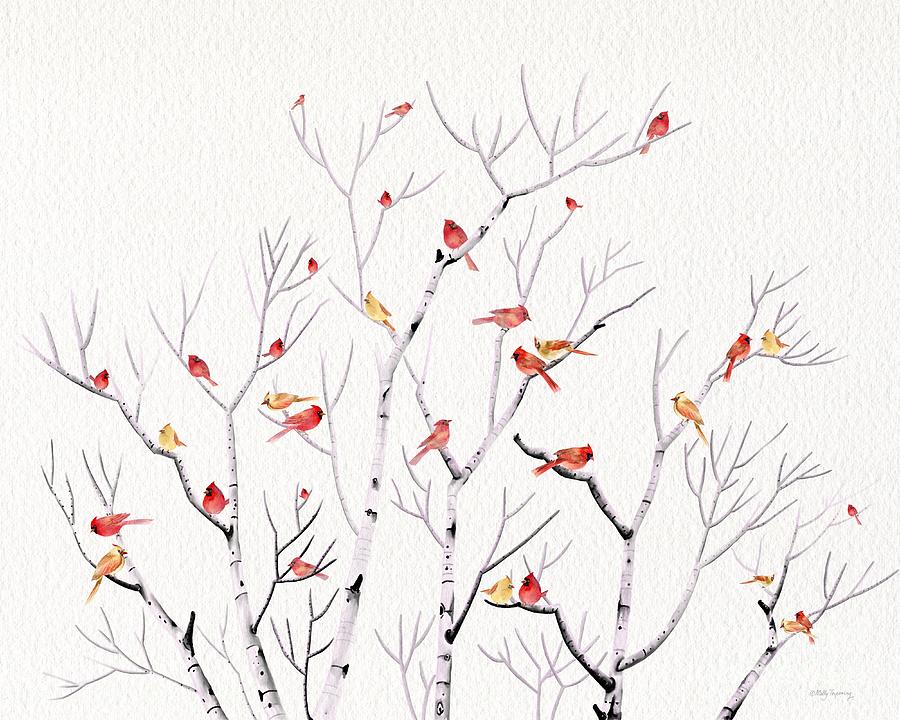 Birch Trees and Cardinal 2  Painting by Melly Terpening