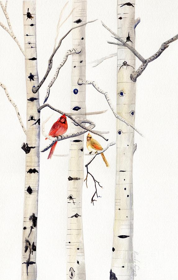 Tree Painting - Birch Trees and Cardinal by Melly Terpening