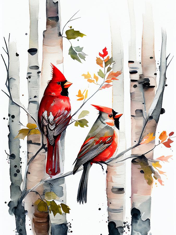 Birch Trees And Cardinals Digital Art By Begum Indir Fine Art America