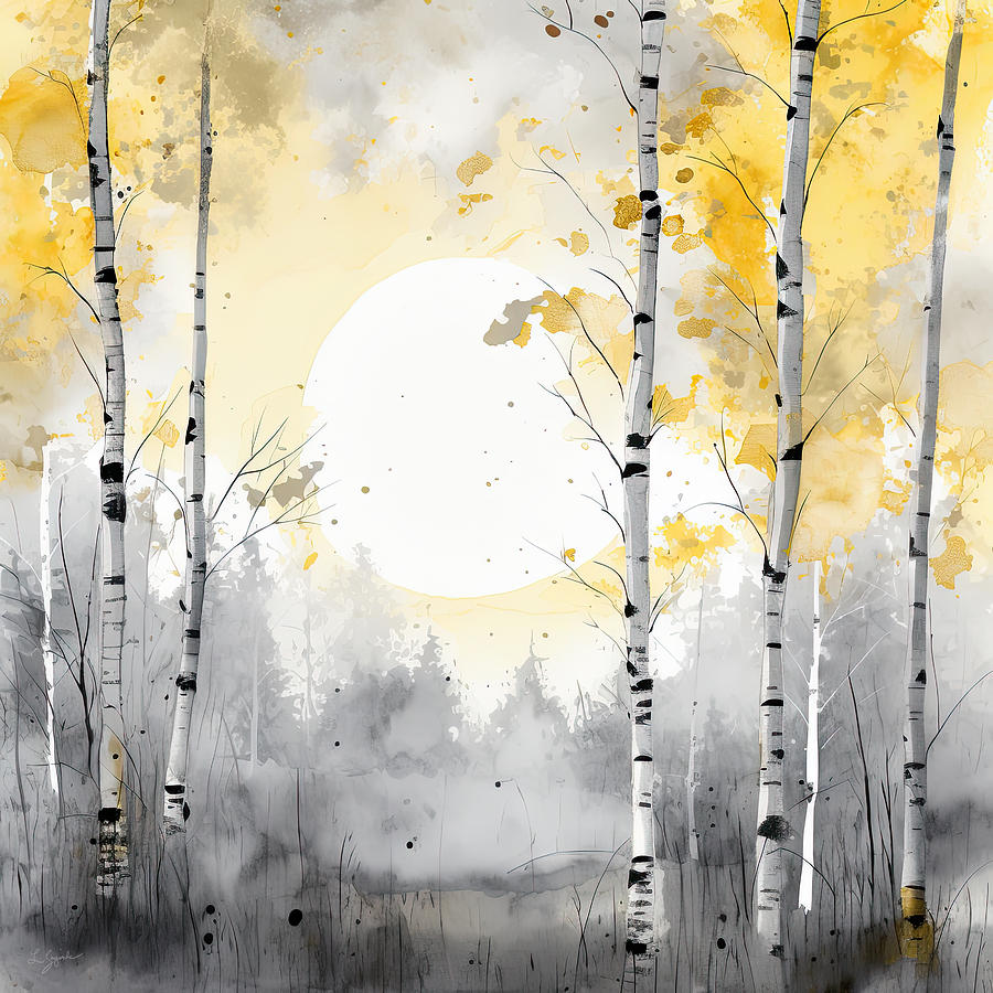 Yellow Painting - Birch Trees and Full Moon Art  by Lourry Legarde
