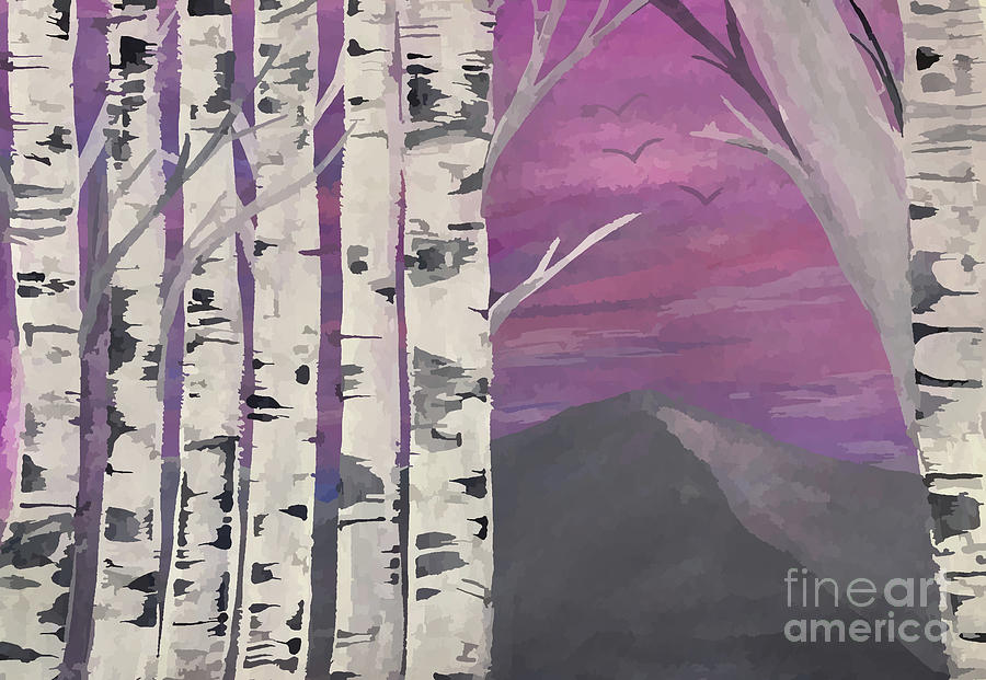 Birch Trees and Purple Sky Mixed Media by Lisa Neuman