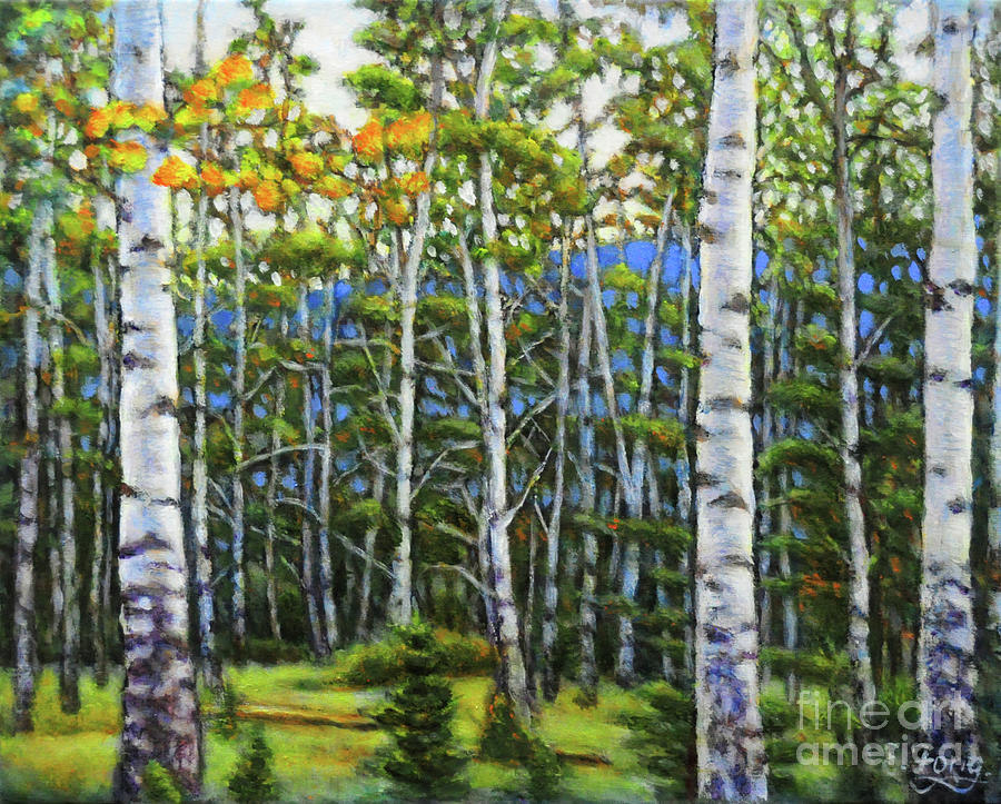 Nature Painting - Birch Trees Forest in Autumn by Eileen  Fong
