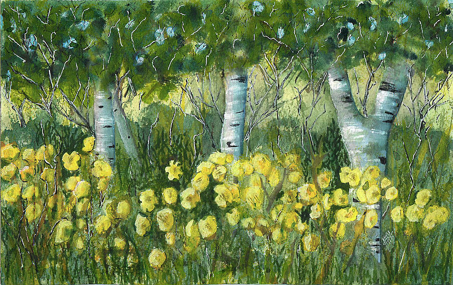 Birch Trees Painting - Birches and Daylillies by Maura Satchell Birch Trees Painting - Birches and Daylillies by Maura Satchell