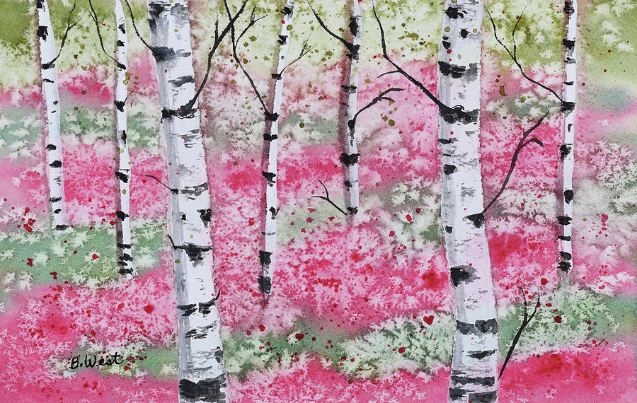 Birch Trees and Pink Flowers Painting by Barbara West