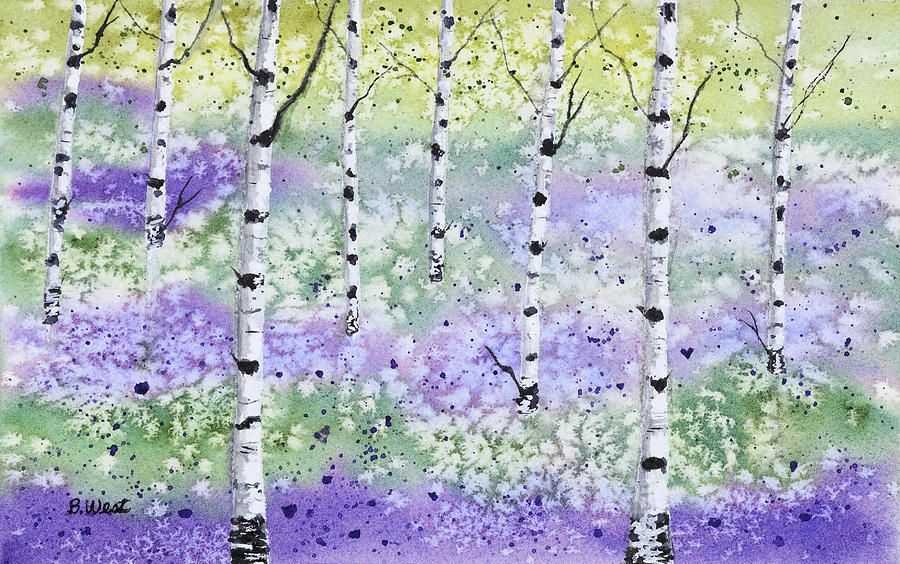 Birch Trees and Purple Flowers Painting by Barbara West