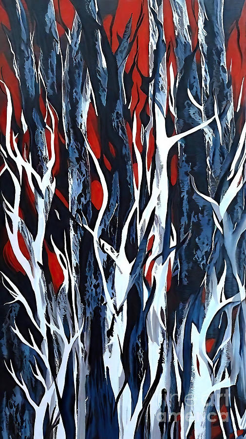 Abstract Painting - Birches In Storm 2 Painting birches tree canvas modern art acryl by N Akkash