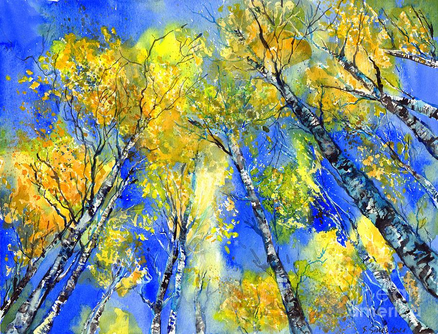 Watercolor Painting - Birches Reaching To The Sky by Suzann Sines Watercolor Painting - Birches Reaching To The Sky by Suzann Sines