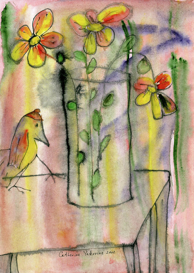 Bird and a Bouquet of flowers Painting by Ekaterina Yakovina