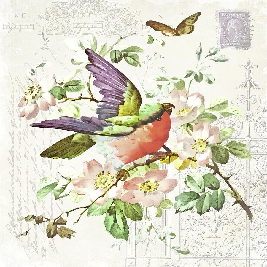 Bird and Blooms B Painting by Jean Plout