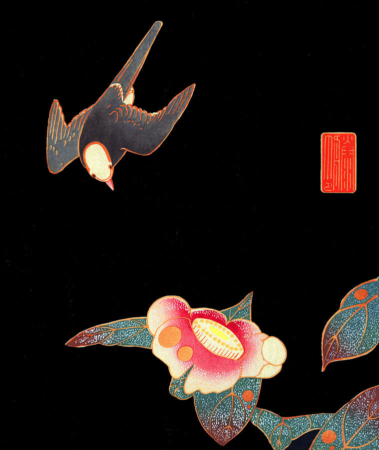 Swallow Digital Art - Bird and Flower, Japanese Art by Long Shot