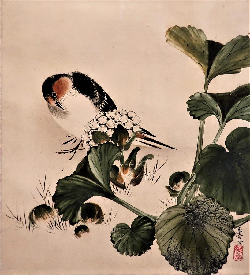 Bird By Leafy Plant Painting